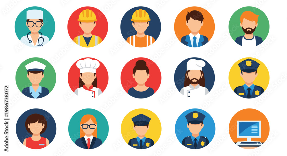 Fototapeta premium Diverse collection of colorful avatars represents various professions including doctors, chefs, police officers, and engineers.