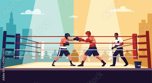 Two boxers in red and blue gear compete in a professional ring while a referee observes the match in a stadium setting.