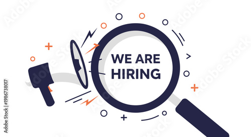 Magnifying glass and a megaphone are used to display the message we are hiring as part of a modern recruitment campaign.