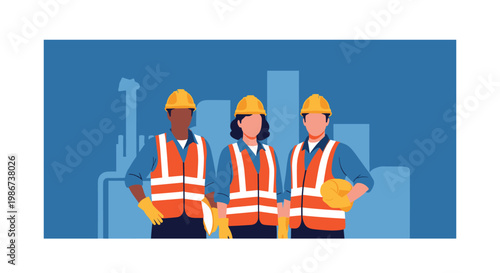 Group of diverse construction workers wearing safety vests and hard hats stand together with a blue city skyline in the background.