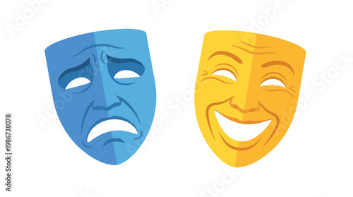 Two theatrical masks, one blue representing tragedy and one yellow representing comedy, side by side on a white background.