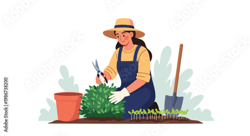 Woman wearing a sun hat and overalls carefully prunes a bush while working in her garden with various plants and tools.