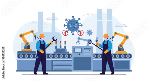 Factory workers wearing safety gear and masks operate heavy machinery and robotic arms in an industrial setting.