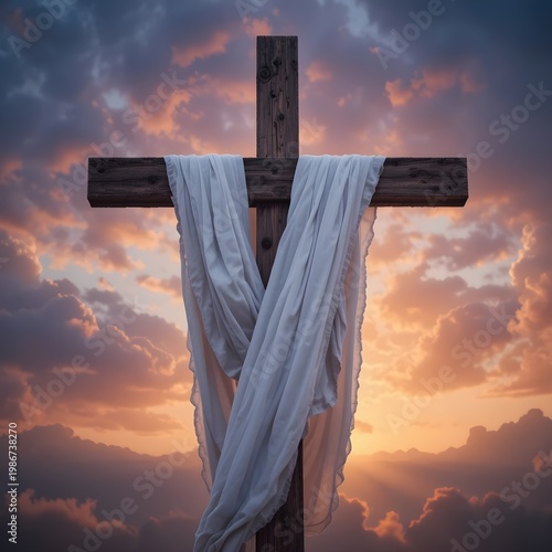 A wooden Christian cross a central symbol in Christian theology biblical under stormy sky