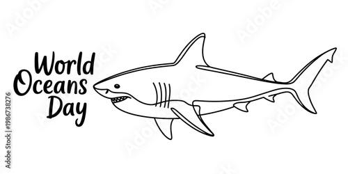 A simple black and white line drawing of a great white shark for celebrating world oceans day Vector, illustration