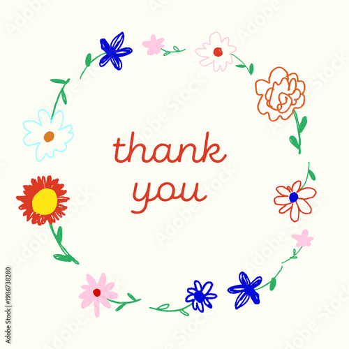 手描き風の花のフレームに囲まれた「thank you」かわいいナチュラルな感謝メッセージカードイラスト