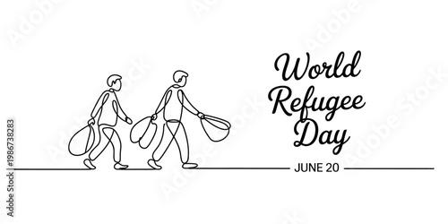 A single continuous line drawing illustration depicting two refugees walking with their belongings Vector, illustration