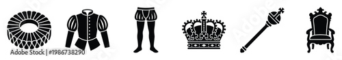 Iconic historical royal regalia and traditional period costume elements showcasing a majestic crown, a powerful orb, a grand throne, an elegant ruff, a stylish jacket, and classic breeches,