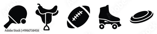 Collection of sport equipment black glyph icons including ping pong paddle saddle football roller skate and frisbee perfect for activity themed presentations and website graphics