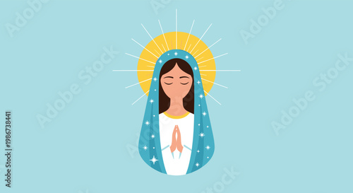Illustration of the Virgin Mary wearing a blue veil with stars while she is shown in a peaceful moment of prayer.