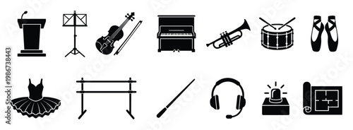 Comprehensive collection of performing arts icons featuring musical instruments, stage equipment, and ballet accessories perfect for theater program graphics, music school promotions, and