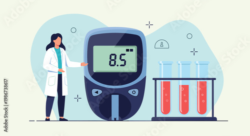 Female doctor in a white lab coat presents a large glucose meter and test tubes filled with blood in a medical lab.
