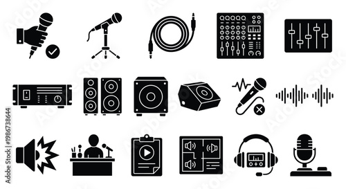 Professional audio and sound equipment glyph icons representing recording, broadcasting, live events, music production, and communication technology for various media applications.