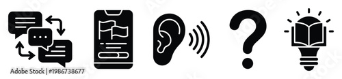 Essential icons representing effective communication, global language acquisition, attentive listening, critical inquiry, and insightful learning processes for digital products and platforms