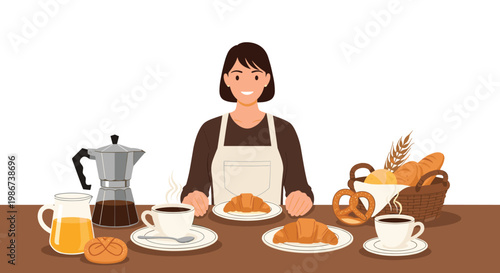 Smiling woman wearing an apron sits at a table full of breakfast items including croissants, coffee, and orange juice.