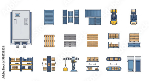Isometric Logistics and Transportation Icons Set - Warehouse Equipment and Vehicles.