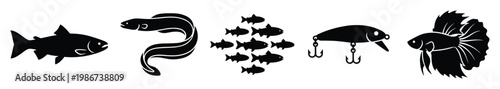 Black silhouettes of various fish species including a betta, eel, and school of fish, alongside a fishing lure, perfect for angling club emblems, aquatic pet store logos, or water sport