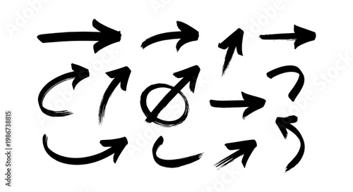 Hand drawn brush stroke arrows set, black ink calligraphy pointers collection, 12 artistic vector arrow icons for creative design projects