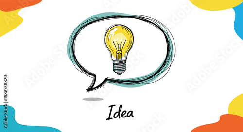 Bright yellow glowing light bulb representing a creative idea inside a hand drawn speech bubble with abstract colorful shapes background.
