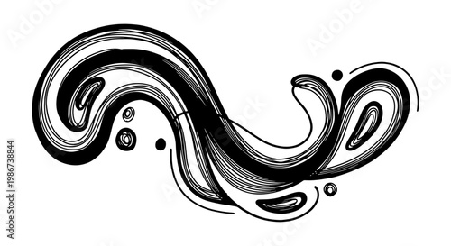 Stylized liquid splash vector illustration, black and white dynamic water wave swirl, abstract fluid motion graphic element for surf and beach designs