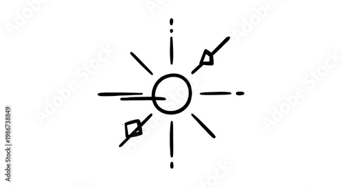 Hand-drawn sun icon with radiating rays, minimalist celestial sunburst doodle, black ink sketch of a sun symbol on white background