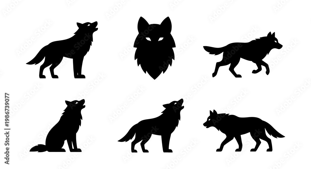Fototapeta premium Black wolf silhouette set with 6 vector elements, howling wild wolf icons, predatory animal head and standing canine shapes for logo design
