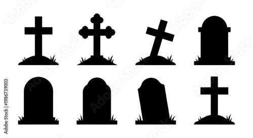 Spooky Halloween gravestone silhouettes set, 8 cemetery tombstone icons with crosses, creepy graveyard headstone vector elements for horror design