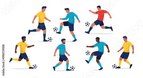 Set of soccer players in various action poses like kicking and dribbling the ball wearing different colorful sports uniforms on white.