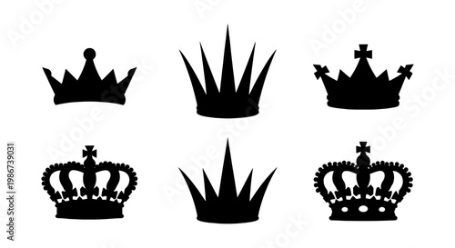 Royal crown silhouette collection, 6 black imperial tiara icons, majestic king and queen headwear vector set, heraldic coronet symbols for logo design