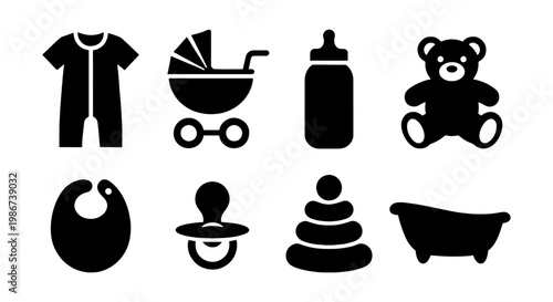Baby care icon set with 8 black silhouettes, newborn nursery equipment collection, infant supplies and childhood accessories vector elements