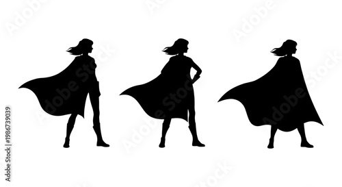 Superhero woman silhouette set, powerful female hero with flowing cape, strong woman leader in heroic poses, black vector icons on white background