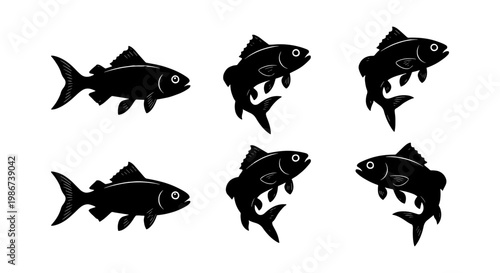 Black fish silhouette vector set, 6 jumping trout and salmon icons, minimalist aquatic animal shapes for fishing logos and nature branding