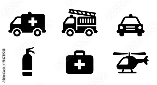 Emergency services icon set with 6 black vector elements, ambulance and fire truck silhouettes, police car and medical rescue symbols for safety signage