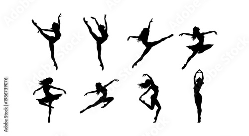 Graceful ballet dancer silhouettes, set of 8 ballerina vector elements, elegant female dancers performing jumps and poses on white background