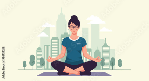 Woman practicing yoga meditation in a lotus pose on a mat with a green city park and urban skyline background in a calm morning scene.