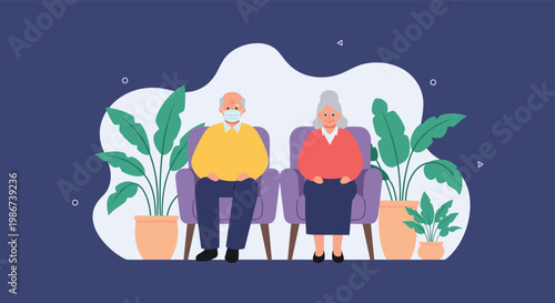 Senior couple sitting on comfortable armchairs in a living room with indoor plants and the man wearing a protective medical face mask.