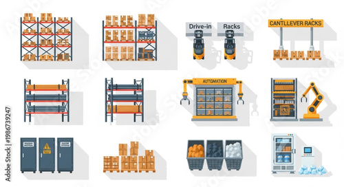 Warehouse Storage and Logistics Icons Set - Shelves, Robots, and Containers.