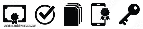 Black vector icons for achievement, approval, documents, mobile security, and key access concepts, useful for business, education, digital interfaces, and information systems applications.