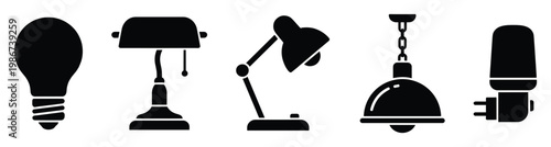 Classic light bulb, elegant banker lamp, modern desk lamp, vintage pendant light, and practical night lamp silhouettes representing diverse illumination solutions for home, office, and