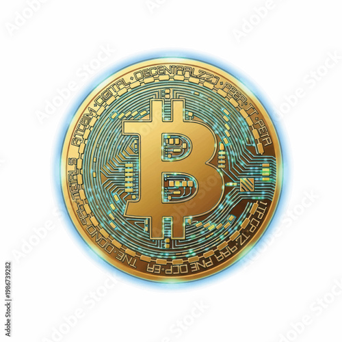 Close-up of a gold-colored cryptocurrency coin featuring circuit patterns and digital design.