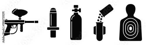 Comprehensive paintball equipment and accessories icons set featuring a paintball gun marker, air tank, paintballs, and a human silhouette target for sports graphics and game design