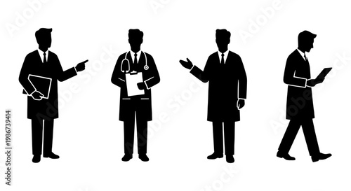 Medical doctor silhouette set, professional healthcare worker icons, male physician in lab coat with stethoscope, hospital staff vector graphics