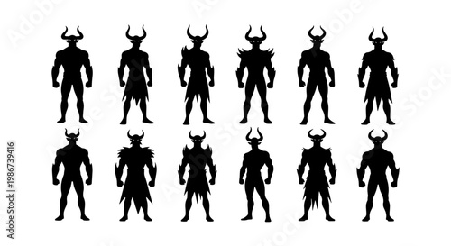 Demon warrior silhouettes set, 12 horned monster character icons, dark fantasy devil creature vector collection for game design and concept art