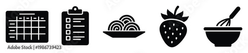 Comprehensive collection of essential kitchen and planning icons perfect for meal preparation apps, cooking blogs, recipe organizers, grocery list trackers, diet management tools, and