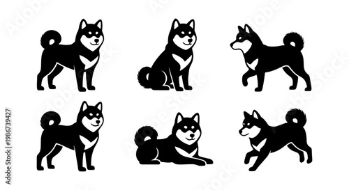 Shiba Inu dog vector set, black and white Japanese dog character icons, 6 minimalist pet illustrations in various poses for logo design