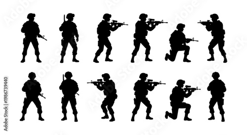 Military soldier silhouettes set, 12 tactical infantry army figures with rifles, black combat personnel vector icons for gaming and war design