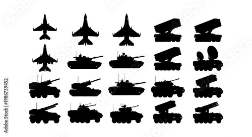 Military vehicle silhouettes set, 20 black icons of army tanks and fighter jets. Armored combat vehicles and missile launchers, war equipment vector