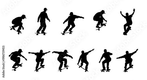 Skateboarder silhouette collection with 11 vector elements, black skater figures performing tricks and jumps, urban extreme sports athlete silhouettes