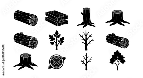 Black wood log icons set, timber and lumber industry symbols, 12 vector woodcraft elements including tree stumps and planks for forestry branding