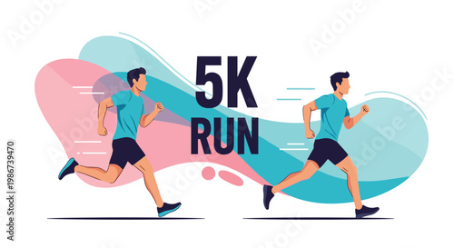 Two men running in a 5K race marathon with a colorful abstract motion background representing speed and active athletic performance.